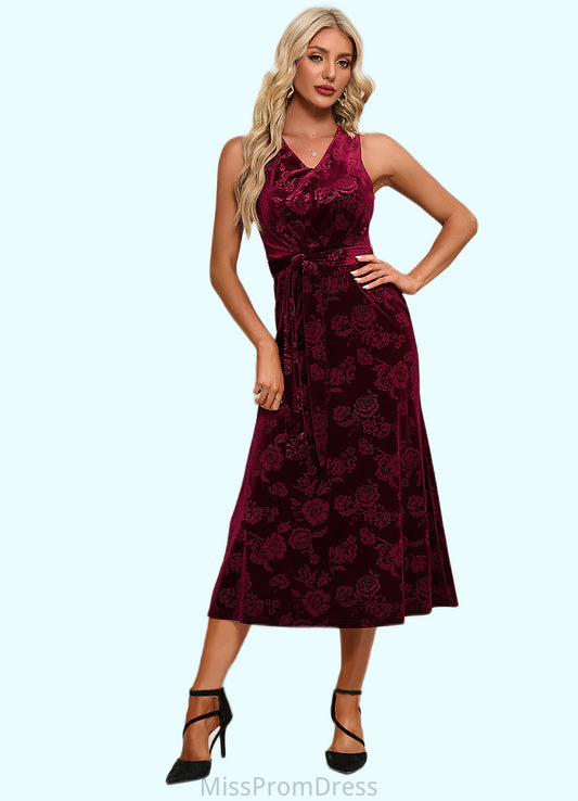 Karly Flower V-Neck Elegant A-line Velvet Midi Dresses HMP0022504