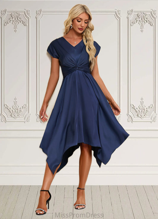 Nayeli Bow V-Neck Elegant A-line Satin Asymmetrical Dresses HMP0022506