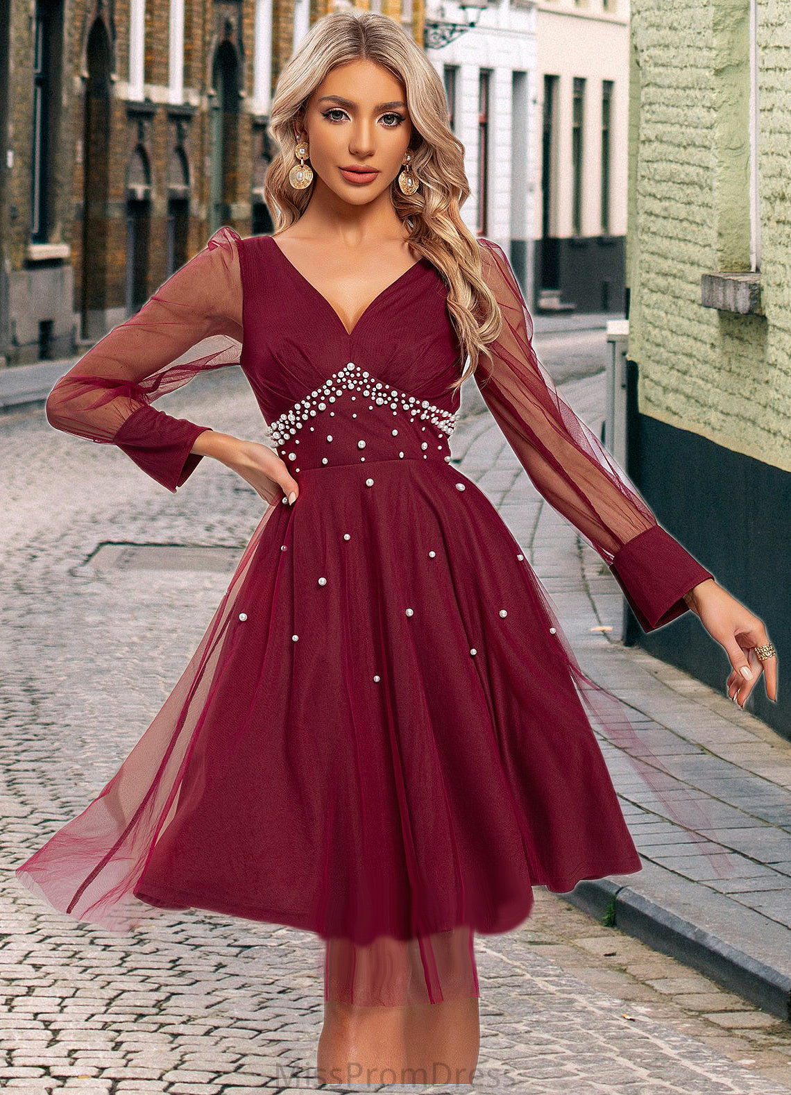 Kaitlin Beading V-Neck Elegant A-line Tulle Midi Dresses HMP0022521