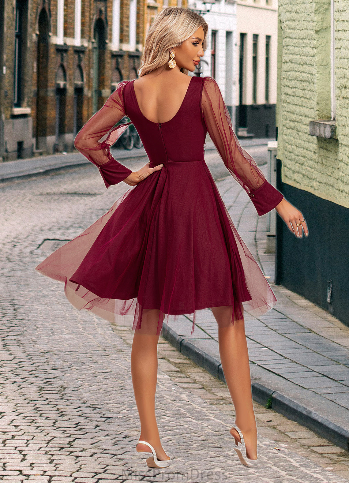Kaitlin Beading V-Neck Elegant A-line Tulle Midi Dresses HMP0022521