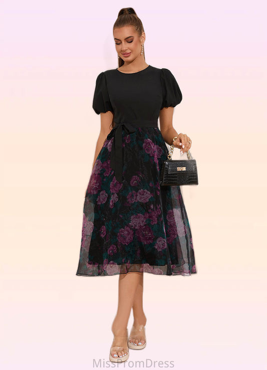 Mollie Floral Print Scoop Elegant A-line Organza Midi Dresses HMP0022527