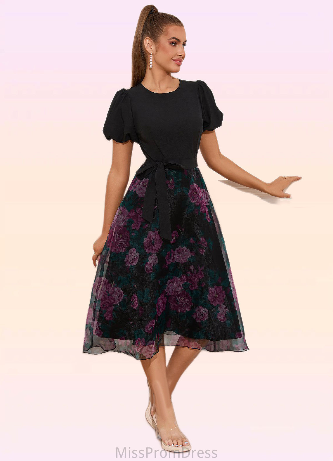Mollie Floral Print Scoop Elegant A-line Organza Midi Dresses HMP0022527