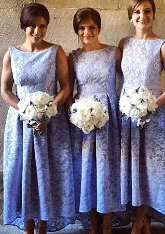 Bateau Sleeveless Asymmetrical A-line/Princess Lace Bridesmaid Dresseses With Pleated Rosalind HMP0025576