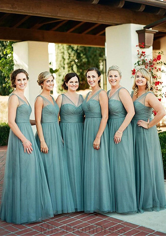 Sleeveless V Neck Tulle Long/Floor-Length A-line/Princess Bridesmaid Dresseses With Pleated Anabel HMP0025578