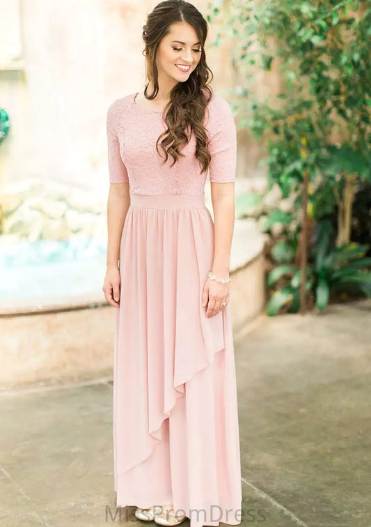 Scoop Neck Short Sleeve Ankle-Length A-line/Princess Chiffon Bridesmaid Dresses With Lace Pleated Marisa HMP0025580