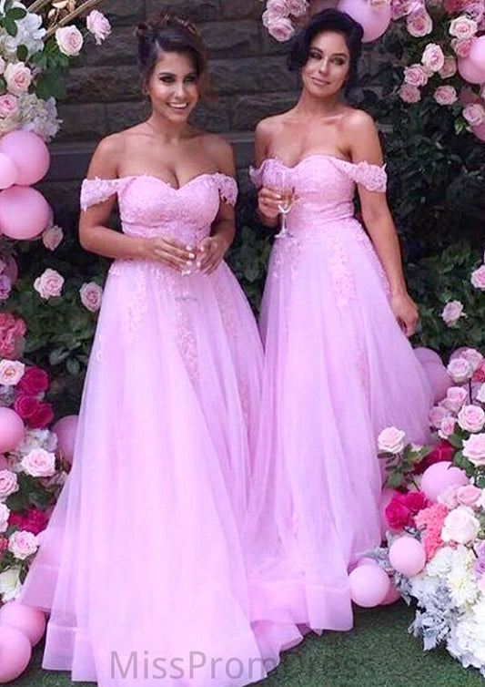 Sleeveless Off-the-Shoulder Long/Floor-Length Tulle A-line/Princess Bridesmaid Dresseses With Lace Lynn HMP0025589