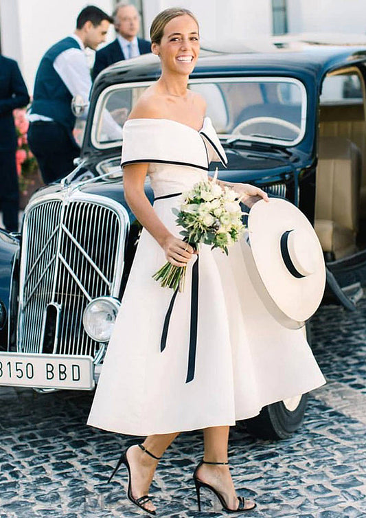 Sleeveless Off-the-Shoulder Tea-Length Satin A-line/Princess Bridesmaid Dresseses With Low Back Lizbeth HMP0025590