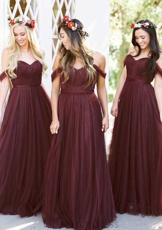 Sleeveless Off-the-Shoulder Long/Floor-Length Tulle A-line/Princess Bridesmaid Dresseses With Pleated Serenity HMP0025591
