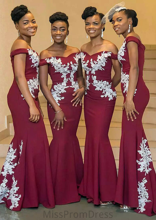 Sleeveless Off-the-Shoulder Long/Floor-Length Trumpet/Mermaid Elastic Satin Bridesmaid Dresseses With Appliqued Paisley HMP0025593