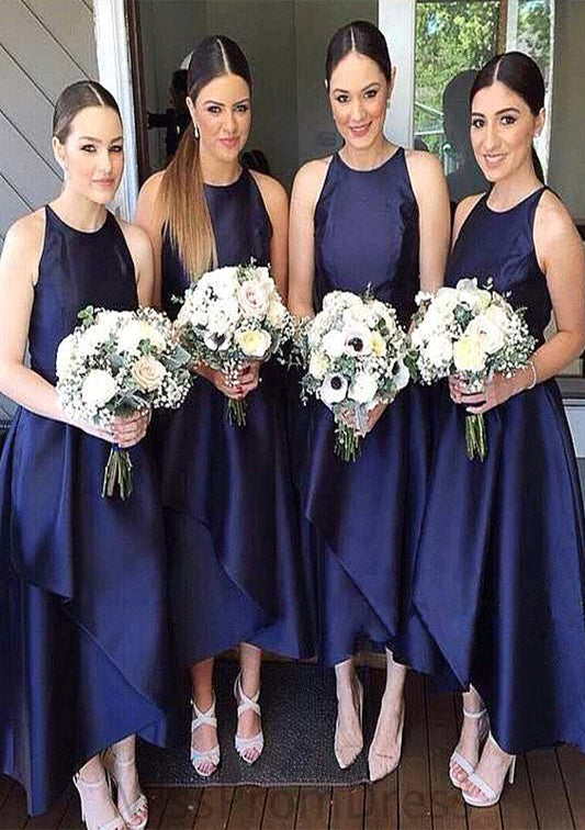 Scoop Neck Sleeveless Asymmetrical A-line/Princess Satin Bridesmaid Dresseses With Pleated Kelsey HMP0025599