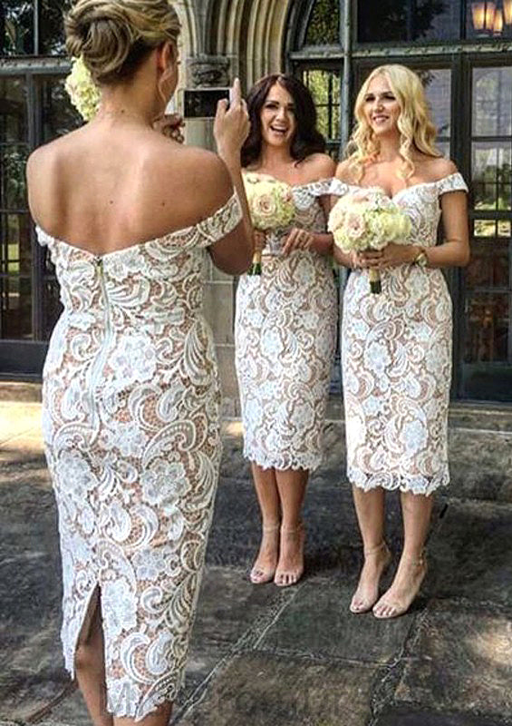 Sheath/Column Off-the-Shoulder Tea-Length Sheath/Column Lace Bridesmaid Dresseses With Split Sheila HMP0025601