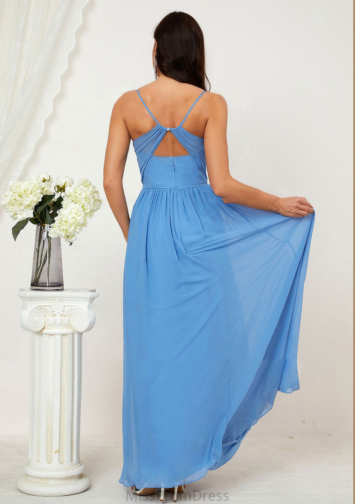 A-line V Neck Sleeveless Chiffon Long/Floor-Length Bridesmaid Dresses With Pleated Split Moira HMP0025609