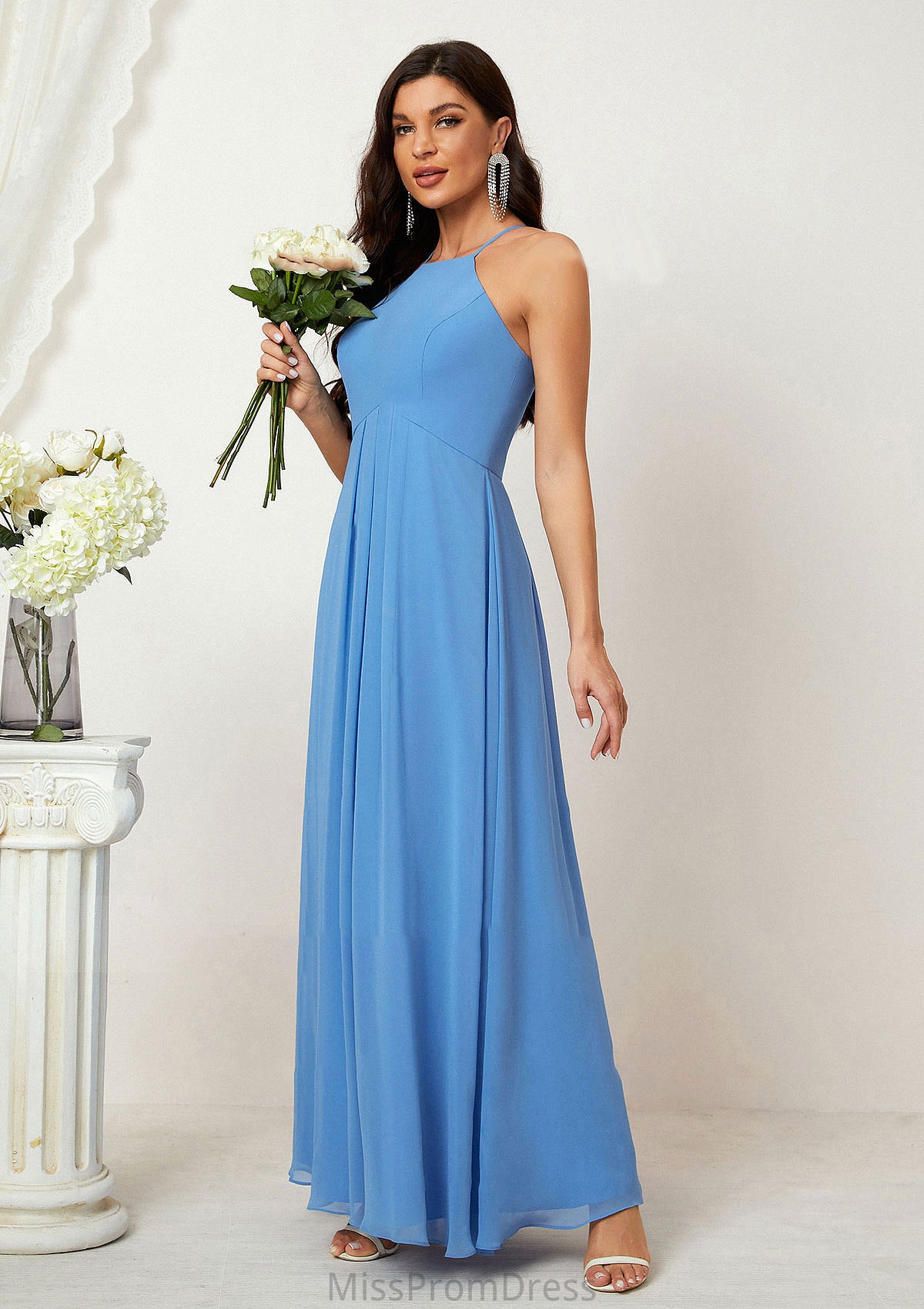 A-line Empire Halter Sleeveless Chiffon Long/Floor-Length Bridesmaid Dresses With Ruffles Jaylah HMP0025611