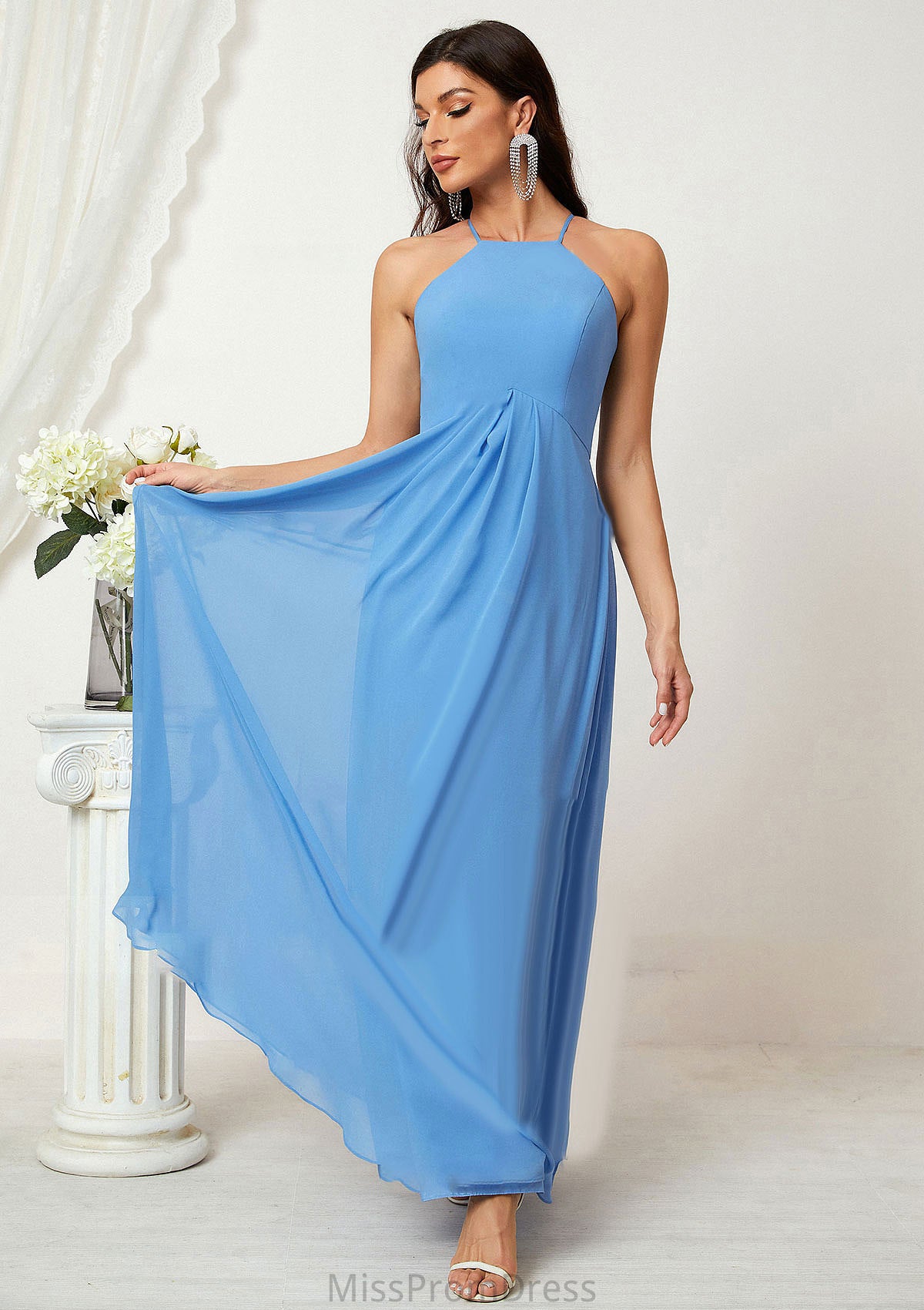 A-line Empire Halter Sleeveless Chiffon Long/Floor-Length Bridesmaid Dresses With Ruffles Jaylah HMP0025611