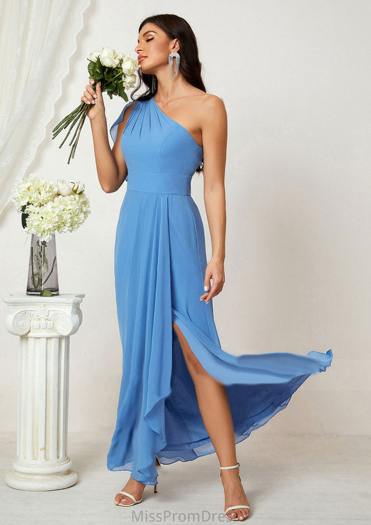 A-line One-Shoulder Sleeveless Chiffon Long/Floor-Length Bridesmaid Dresses With Pleated Split Alejandra HMP0025613