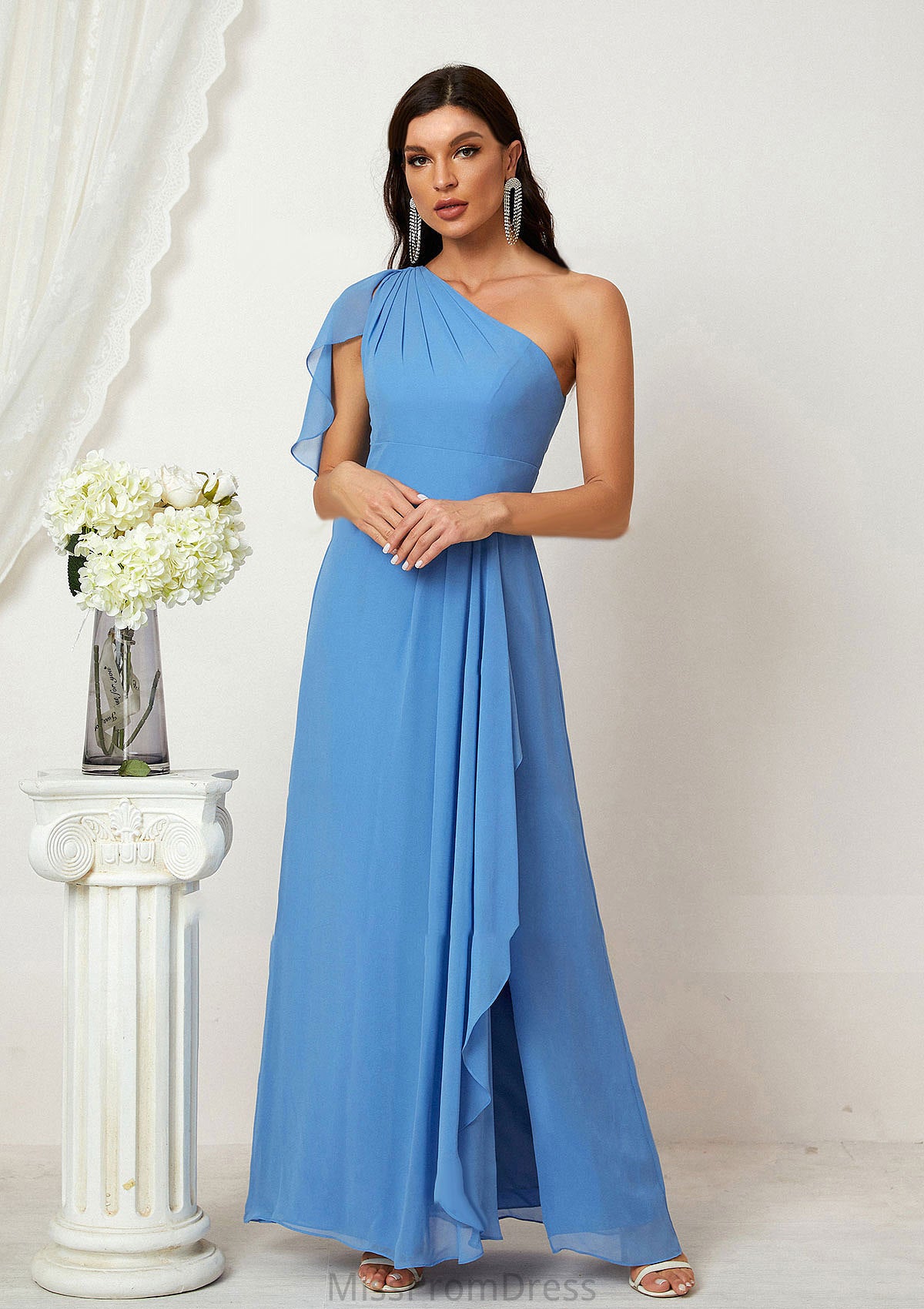A-line One-Shoulder Sleeveless Chiffon Long/Floor-Length Bridesmaid Dresses With Pleated Split Alejandra HMP0025613