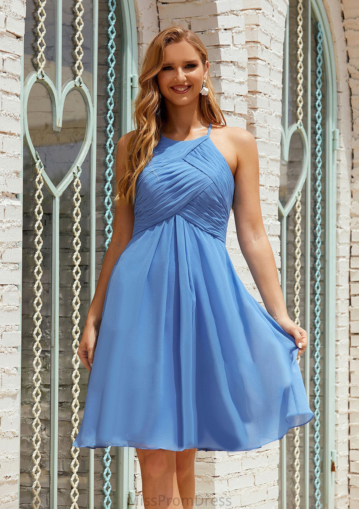 Empire A-line Halter Chiffon Short/Mini Bridesmaid Dresses With Pleated Neveah HMP0025615