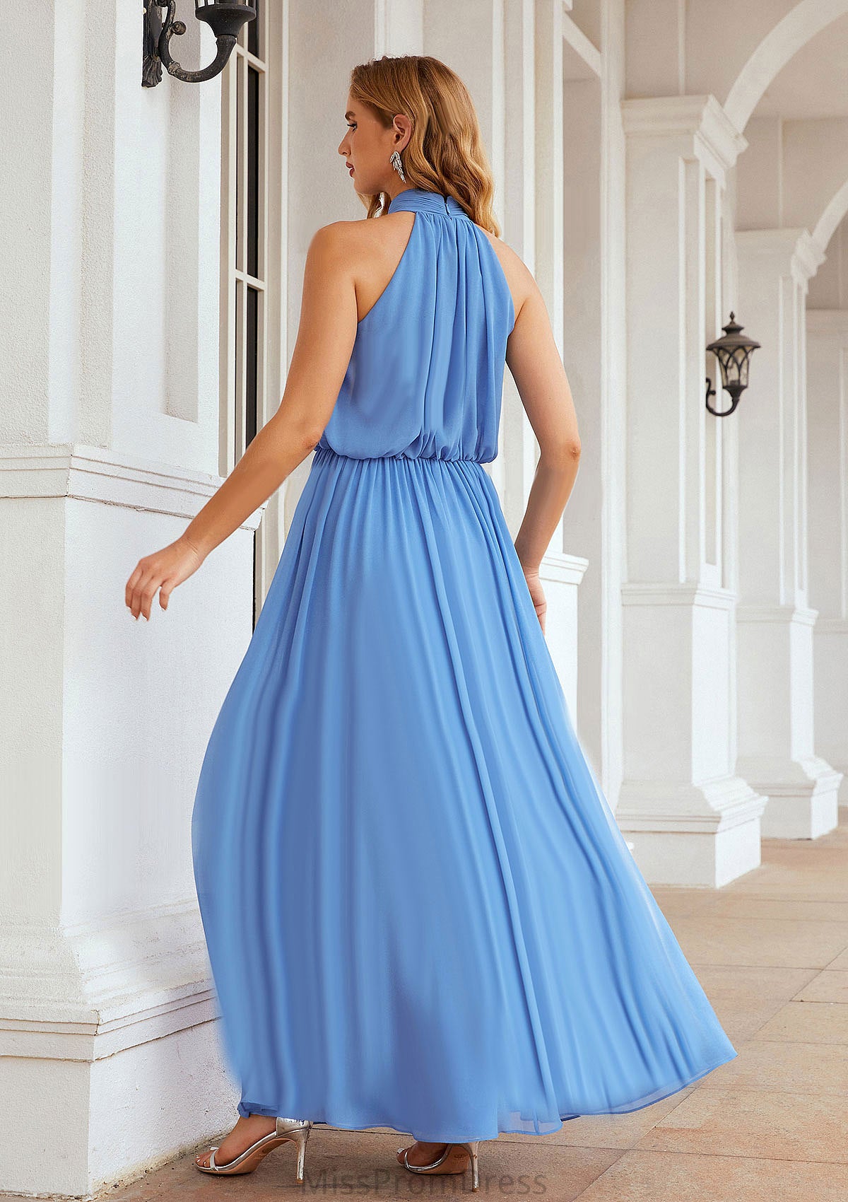 A-line Empire High-Neck Sleeveless Chiffon Long/Floor-Length Bridesmaid Dresses With Pleated Neveah HMP0025619