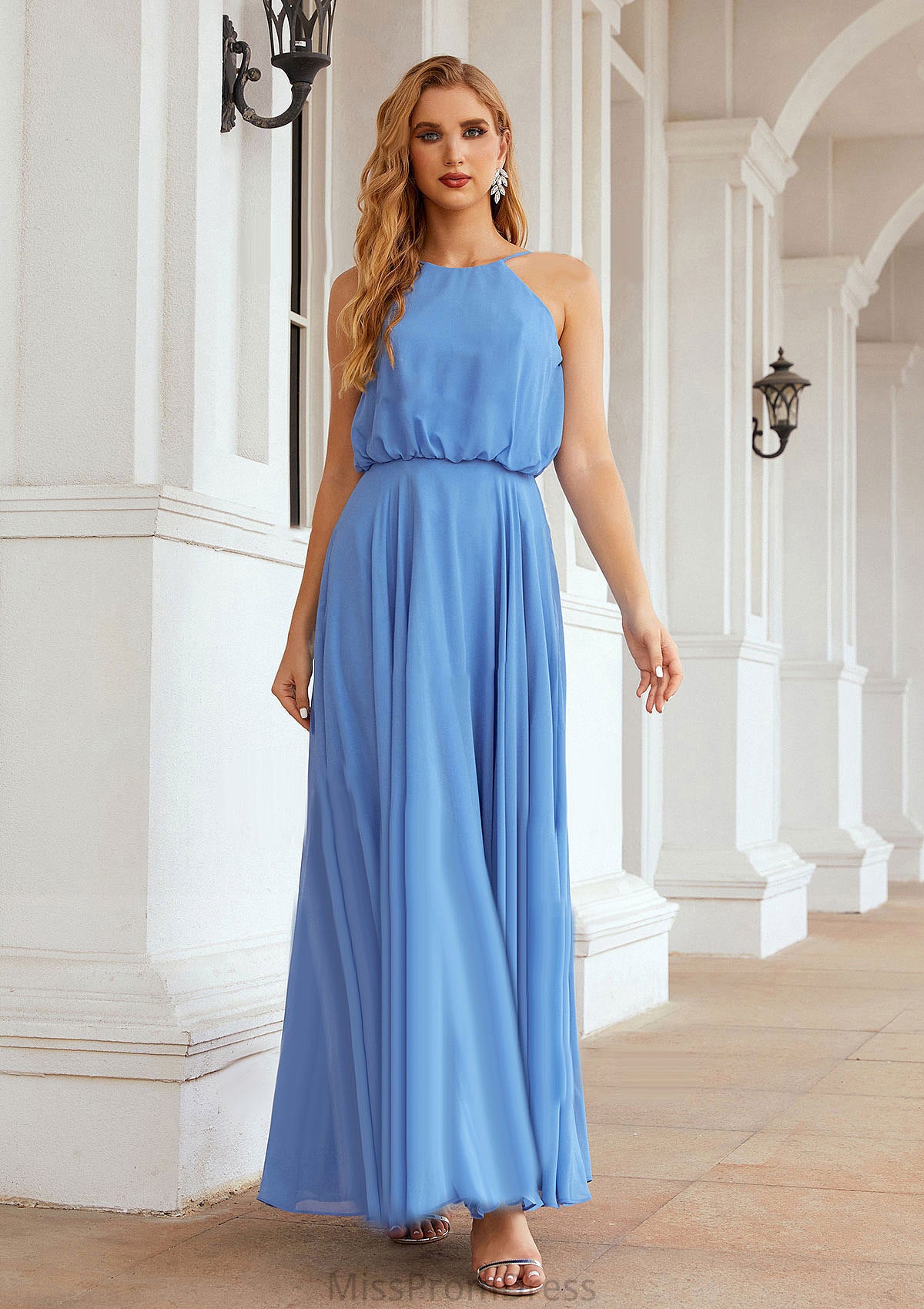 A-line Halter Sleeveless Chiffon Long/Floor-Length Bridesmaid Dresses With Pleated Lena HMP0025621