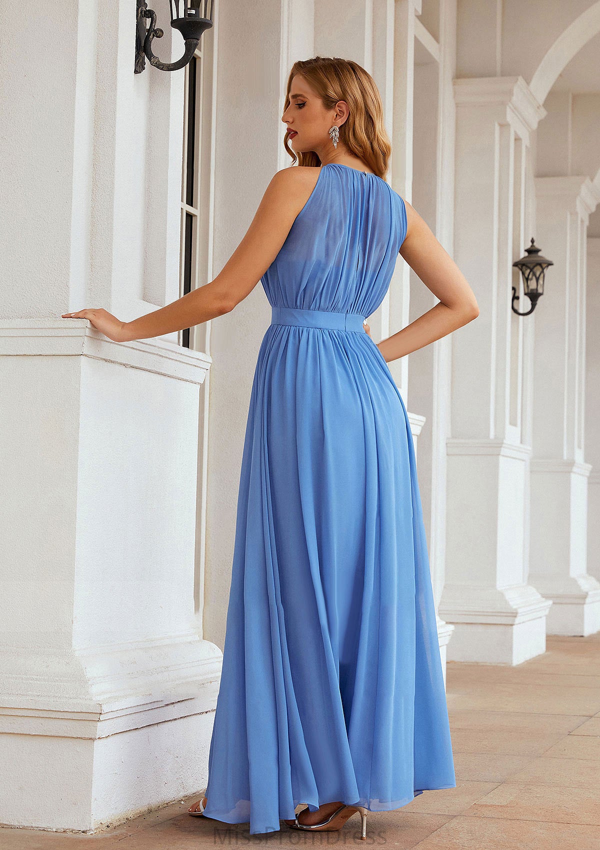 A-line Empire Halter Sleeveless Chiffon Long/Floor-Length Bridesmaid Dresses With Pleated Lexie HMP0025622