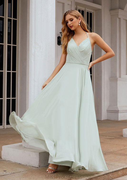 A-line Halter Sleeveless Chiffon Long/Floor-Length Bridesmaid Dresses With Pleated Ruffles Maribel HMP0025623