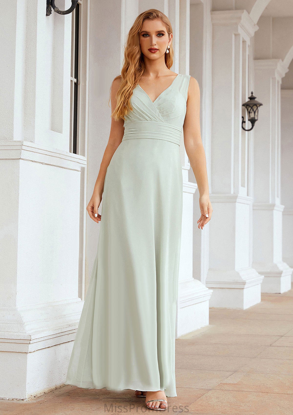 A-line V Neck Long/Floor-Length Chiffon Bridesmaid Dresses With Pleated Noelle HMP0025625