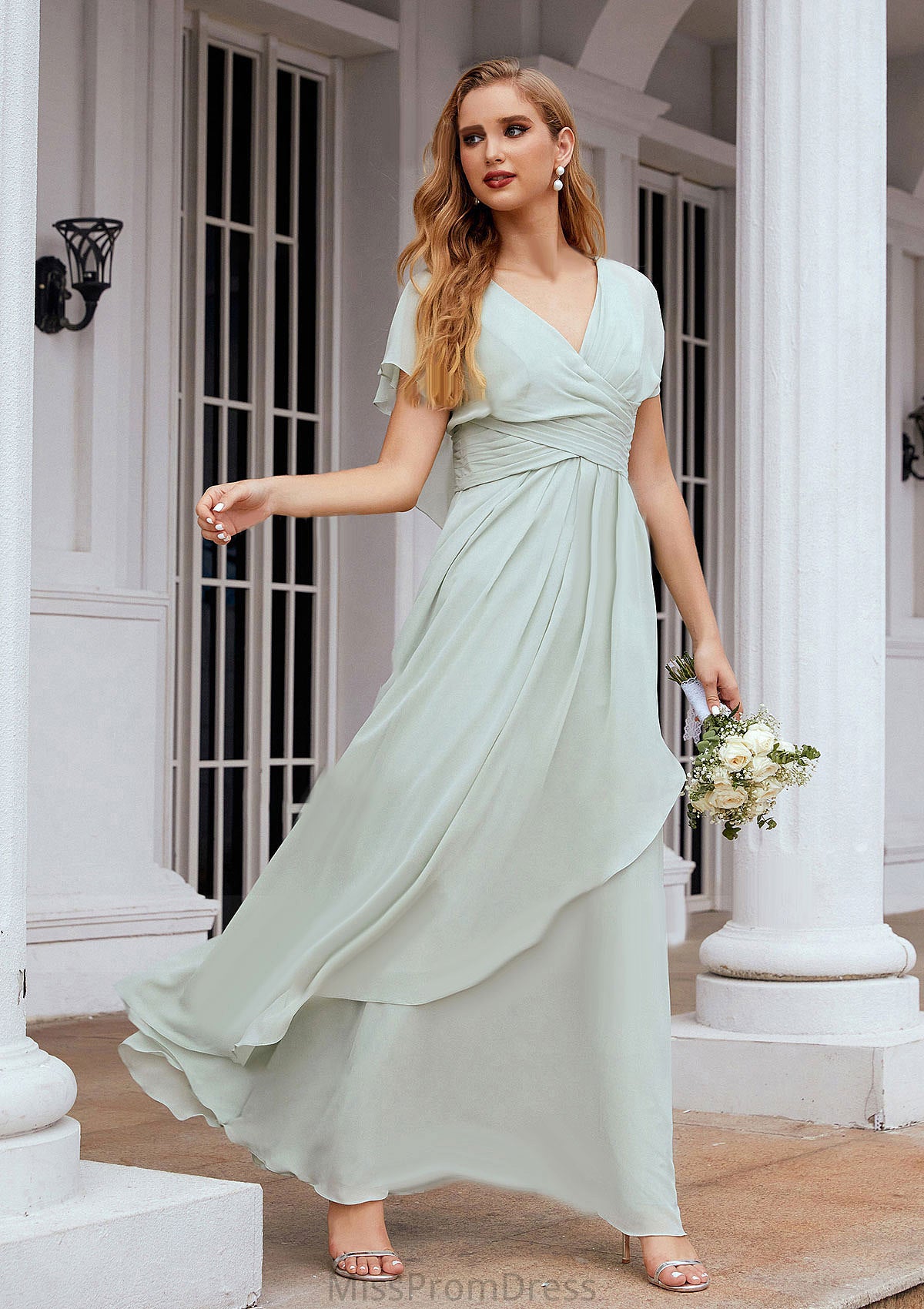 A-line V Neck Short Sleeve Chiffon Long/Floor-Length Bridesmaid Dresses With Pleated Ruffles Delilah HMP0025626