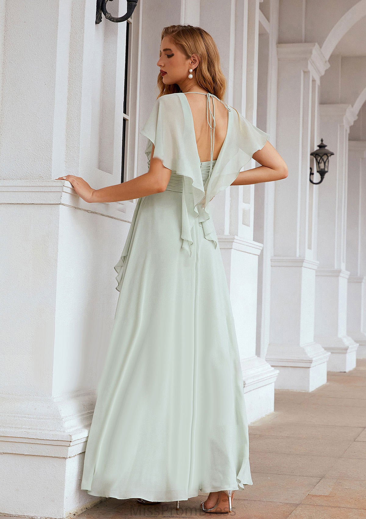 A-line V Neck Short Sleeve Chiffon Long/Floor-Length Bridesmaid Dresses With Pleated Ruffles Delilah HMP0025626