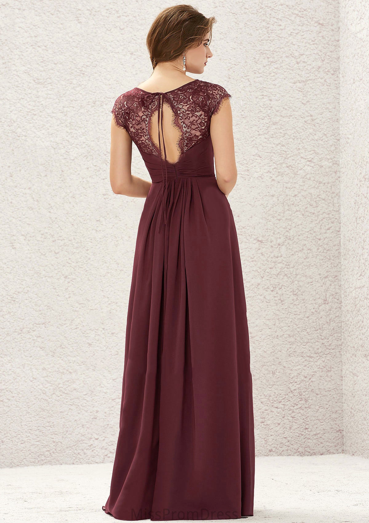 A-line V Neck Sleeveless Chiffon Long/Floor-Length Bridesmaid Dresses With Pleated Lace Joy HMP0025627