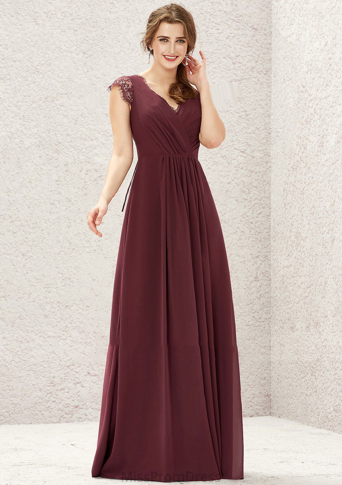 A-line V Neck Sleeveless Chiffon Long/Floor-Length Bridesmaid Dresses With Pleated Lace Joy HMP0025627