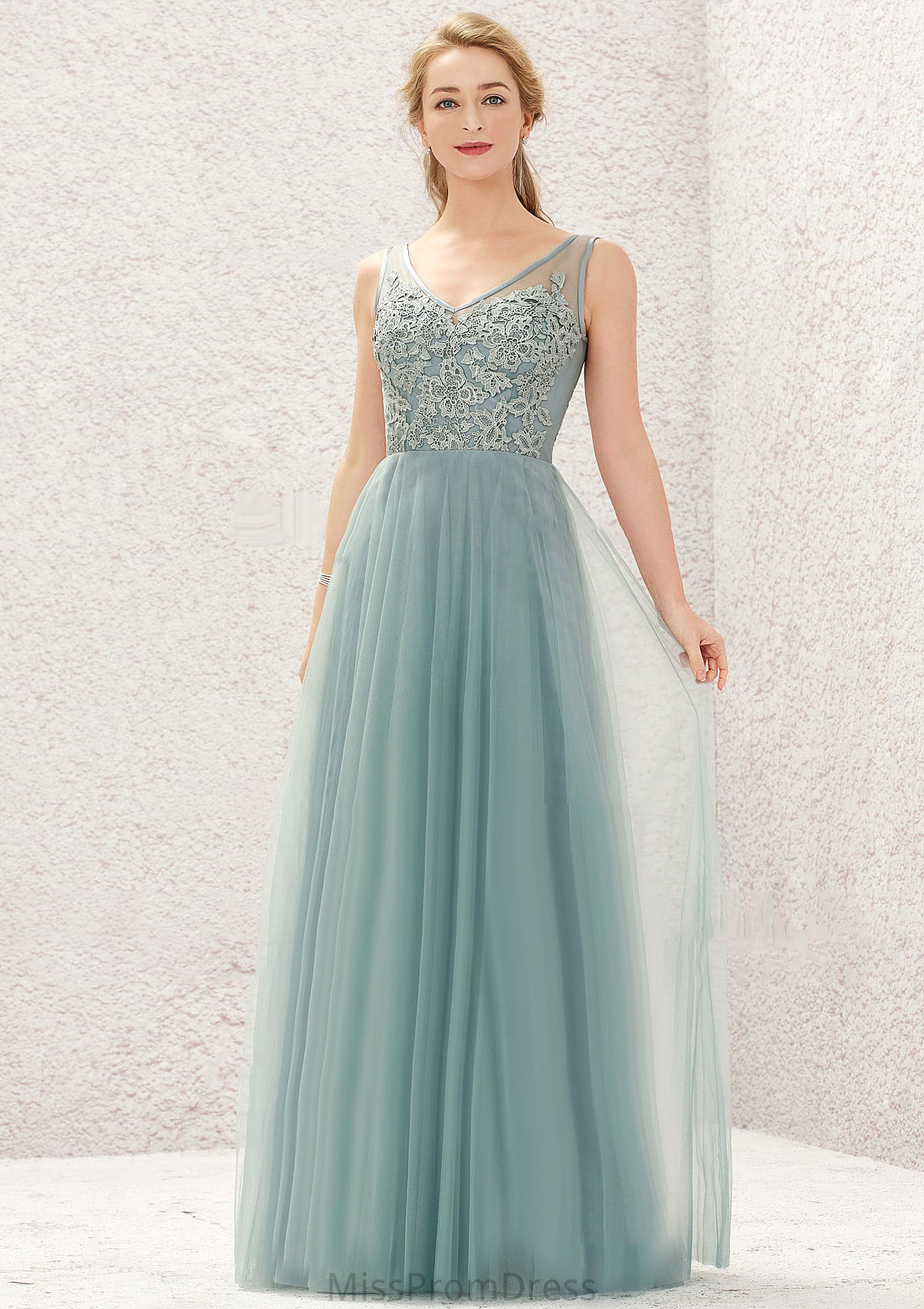 A-line V Neck Sleeveless Tulle Long/Floor-Length Bridesmaid Dresses With Lace Kara HMP0025628