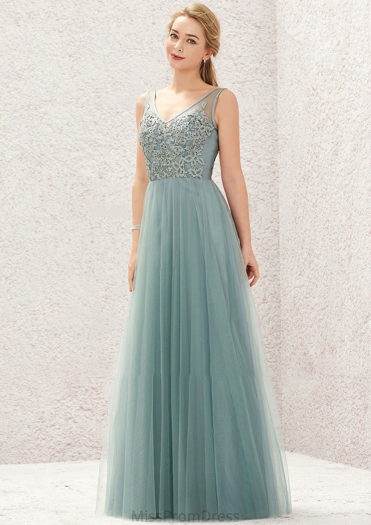 A-line V Neck Sleeveless Tulle Long/Floor-Length Bridesmaid Dresses With Lace Kara HMP0025628