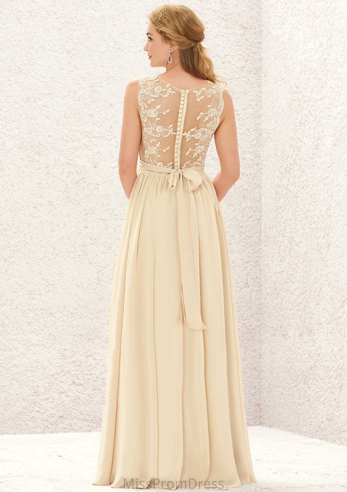 A-line V Neck Sleeveless Chiffon Long/Floor-Length Bridesmaid Dresses With Appliqued Sashes Pleated Emmy HMP0025630