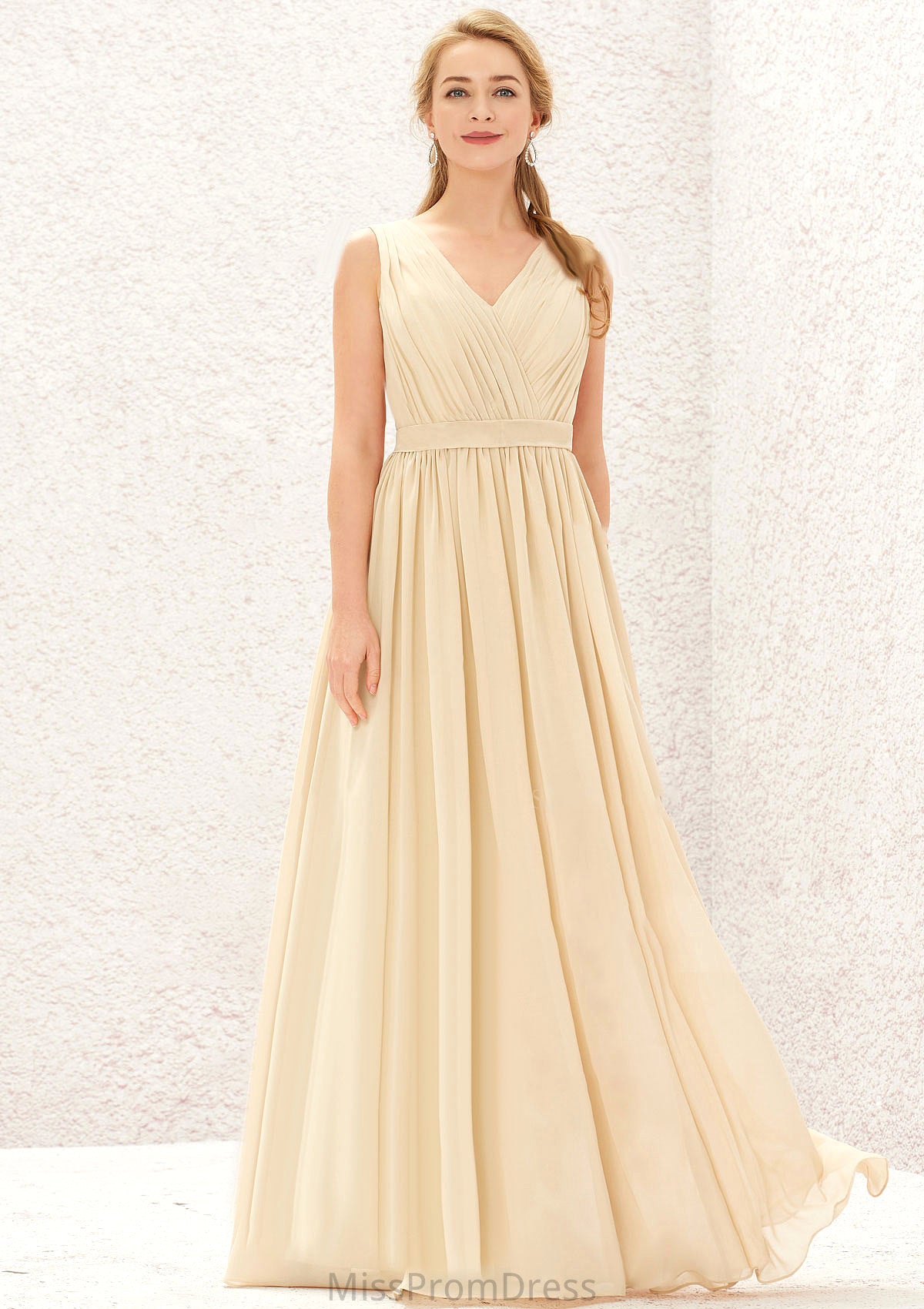 A-line V Neck Sleeveless Chiffon Long/Floor-Length Bridesmaid Dresses With Appliqued Sashes Pleated Emmy HMP0025630