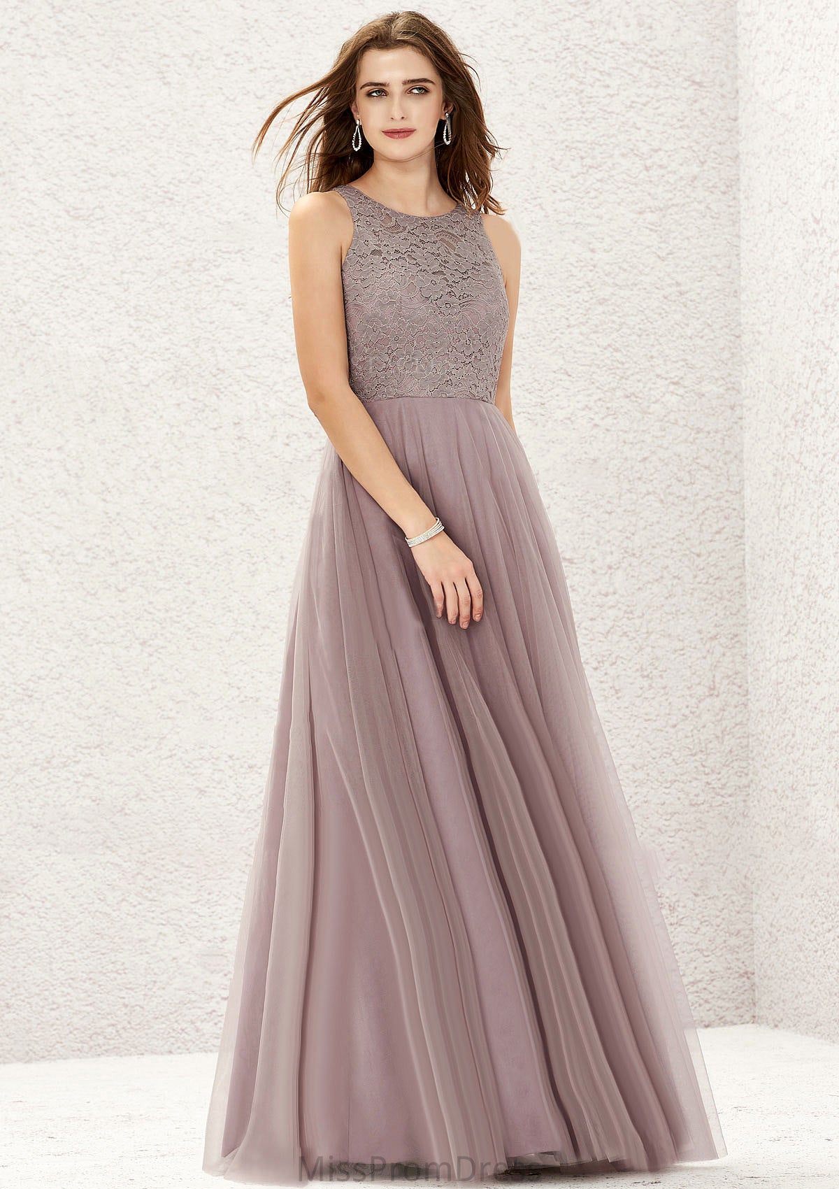 A-line Scoop Neck Sleeveless Lace Tulle Long/Floor-Length Bridesmaid Dresses Jan HMP0025631