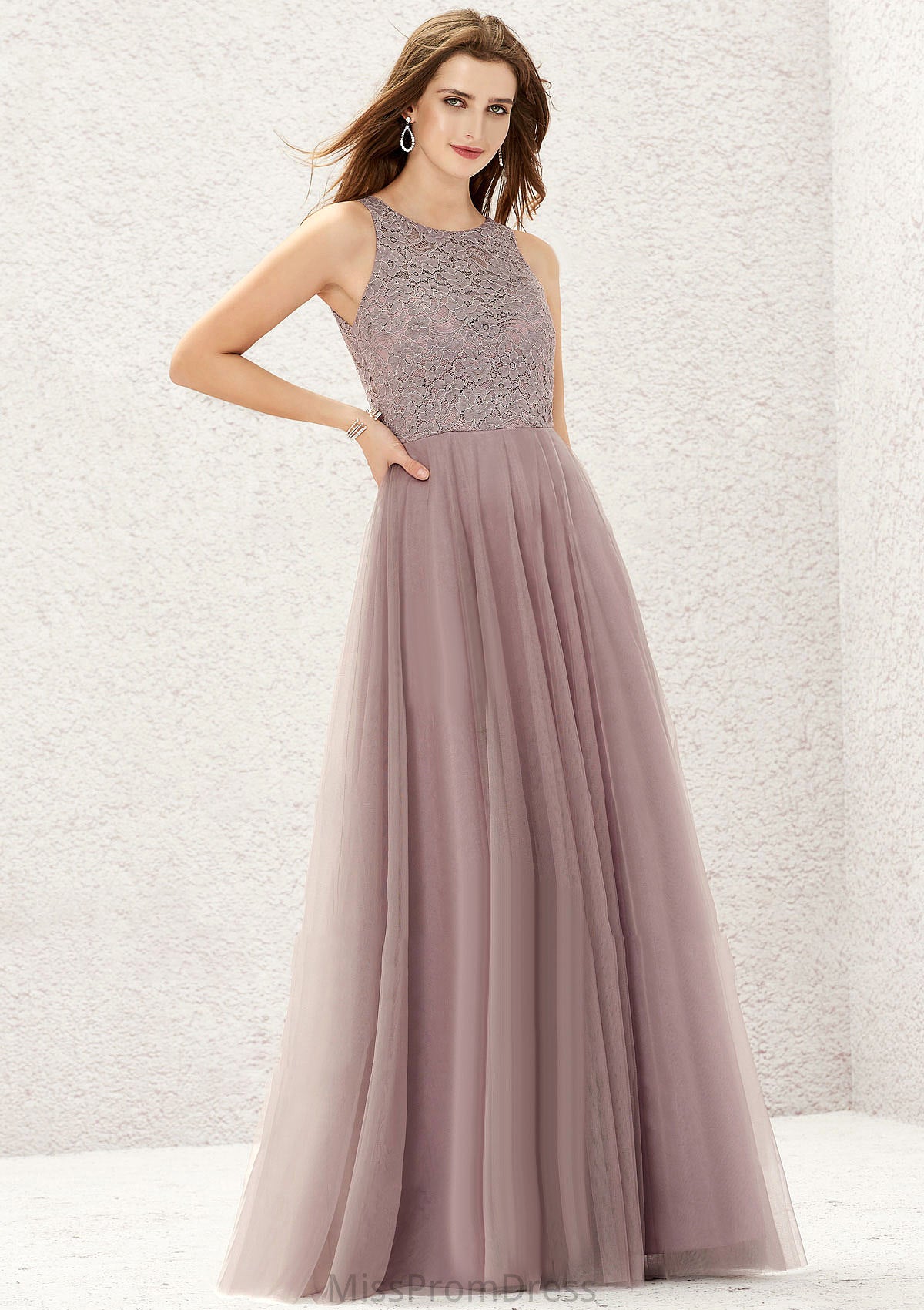 A-line Scoop Neck Sleeveless Lace Tulle Long/Floor-Length Bridesmaid Dresses Jan HMP0025631