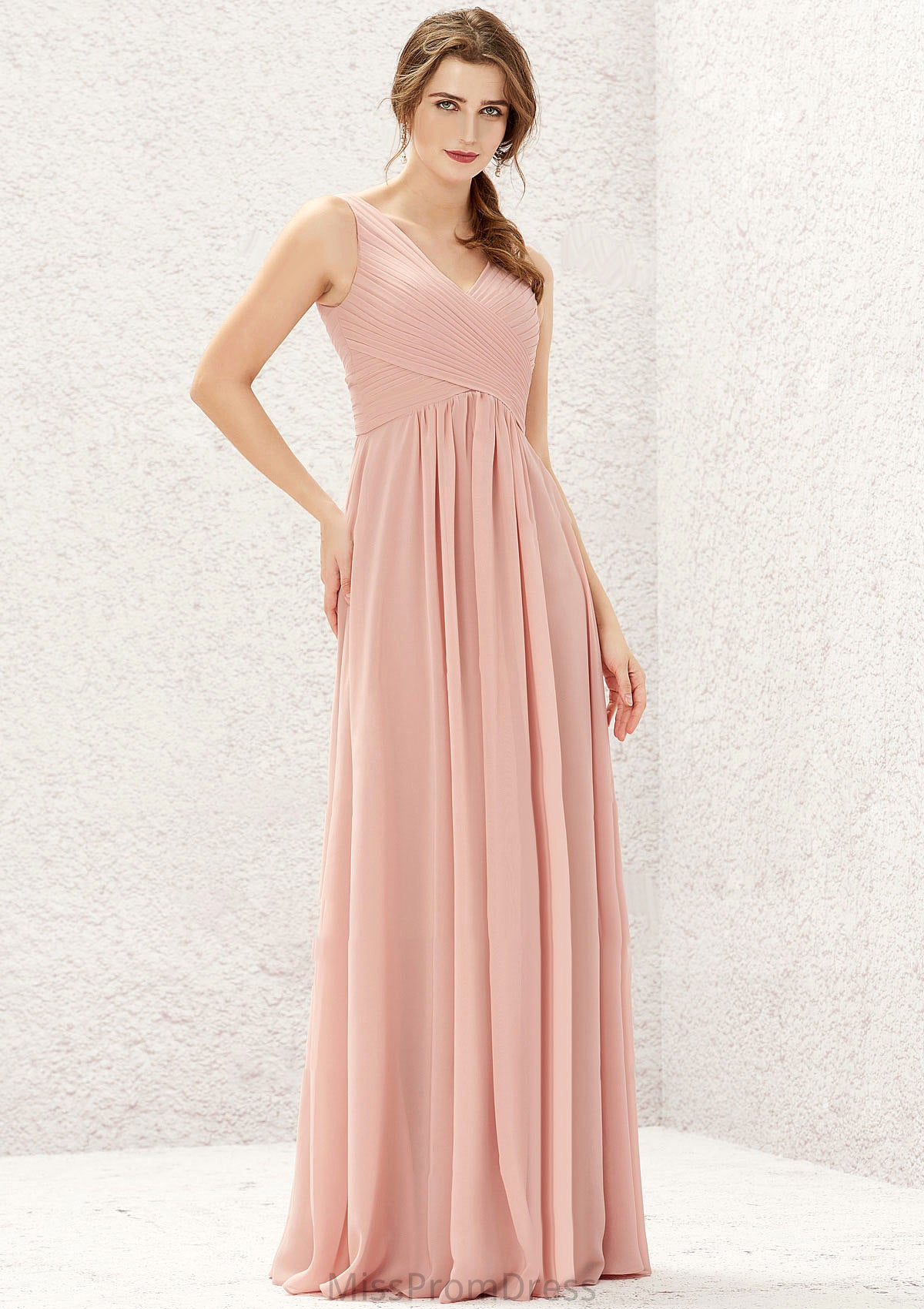 A-line V Neck Sleeveless Chiffon Long/Floor-Length Bridesmaid Dresses With Pleated Lea HMP0025632