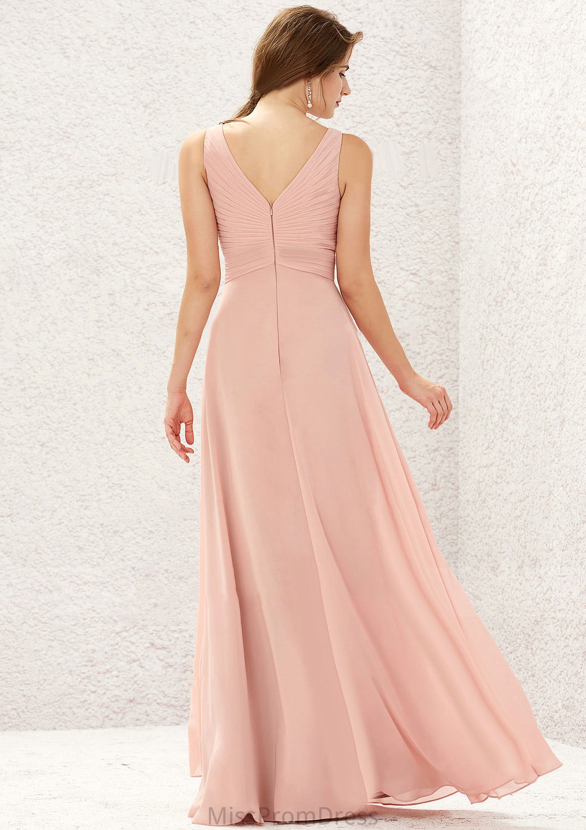 A-line V Neck Sleeveless Chiffon Long/Floor-Length Bridesmaid Dresses With Pleated Lea HMP0025632
