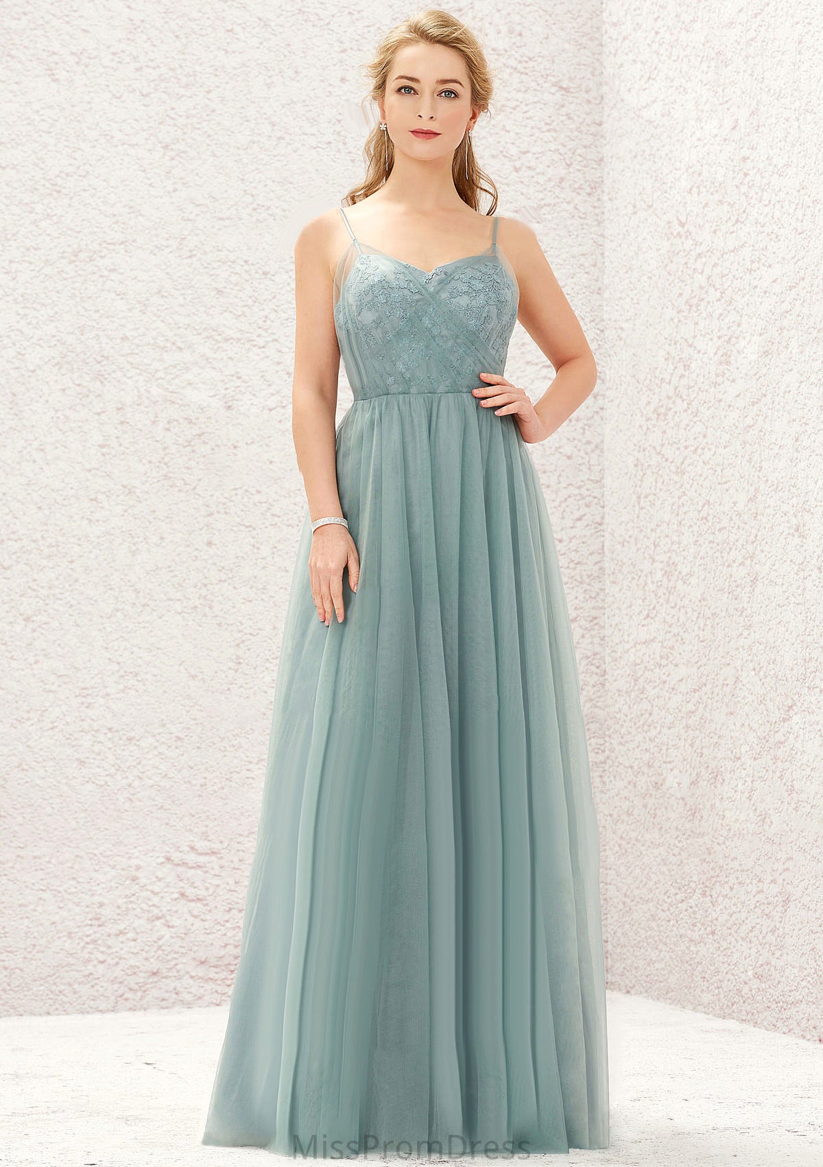 Princess A-line V Neck Sleeveless Tulle Long/Floor-Length Bridesmaid Dresses With Pleated Appliqued Juliana HMP0025633
