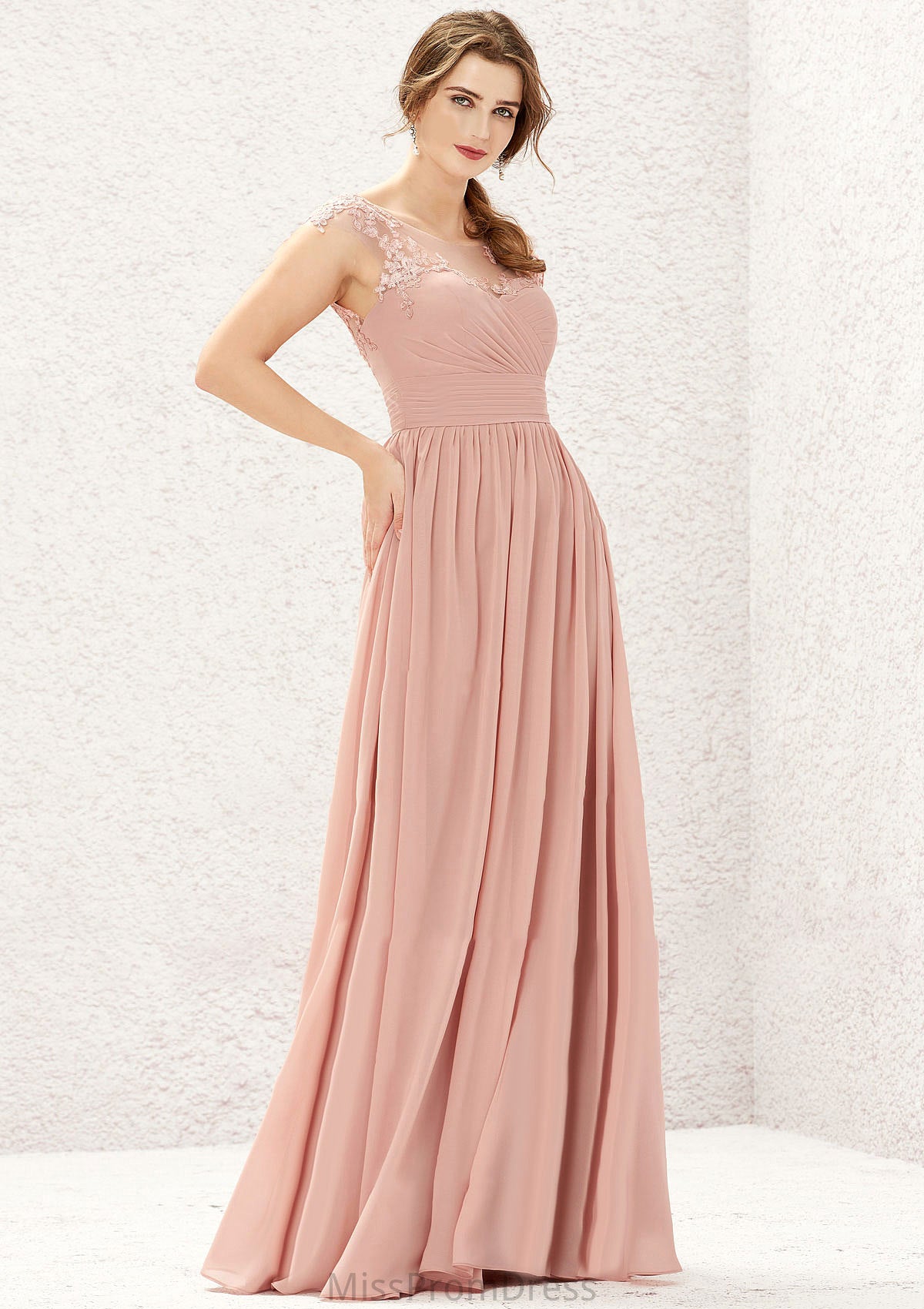 A-line Illusion Neck Sleeveless Chiffon Long/Floor-Length Bridesmaid Dresses With Appliqued Pleated Kaitlyn HMP0025636