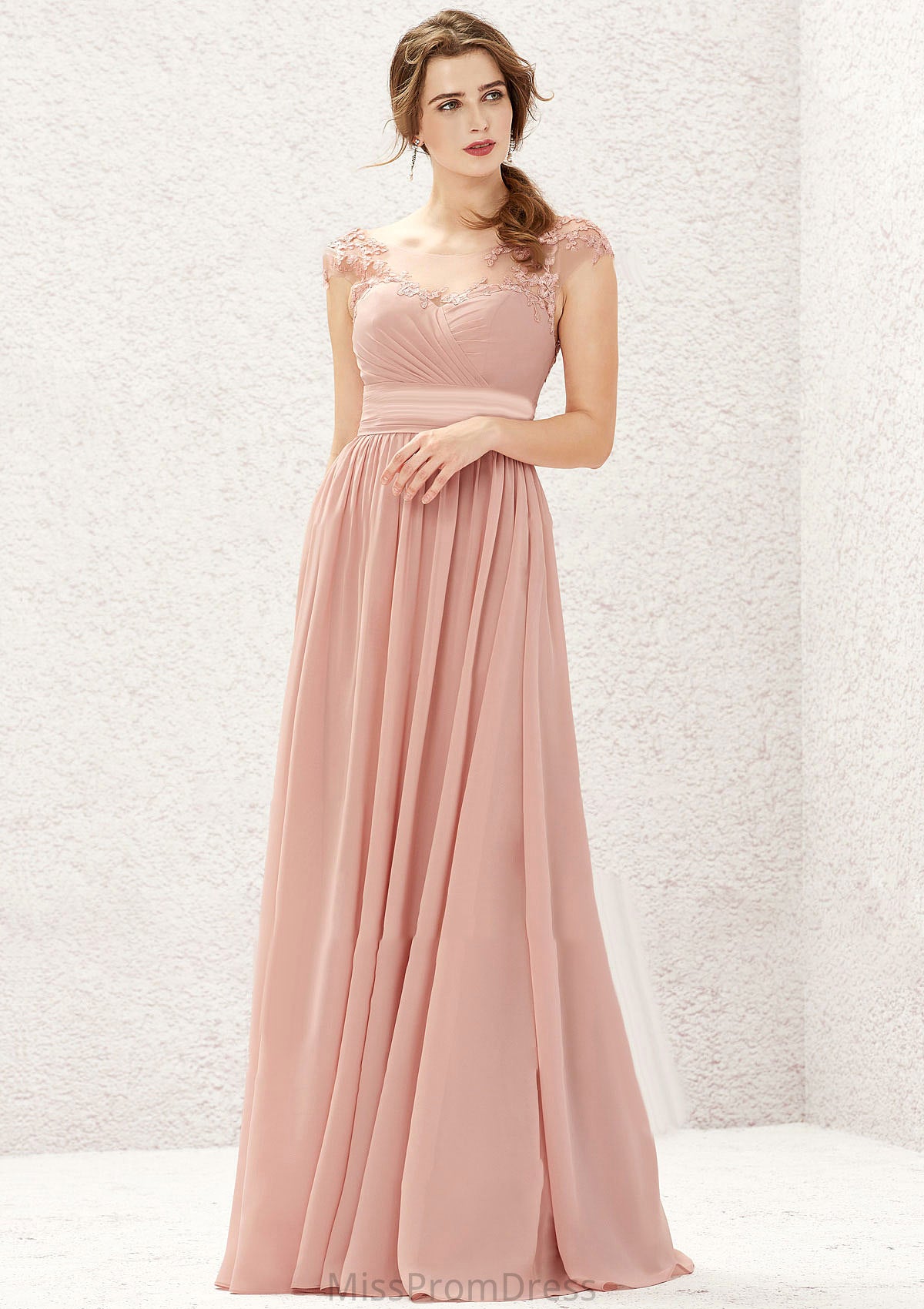 A-line Illusion Neck Sleeveless Chiffon Long/Floor-Length Bridesmaid Dresses With Appliqued Pleated Kaitlyn HMP0025636