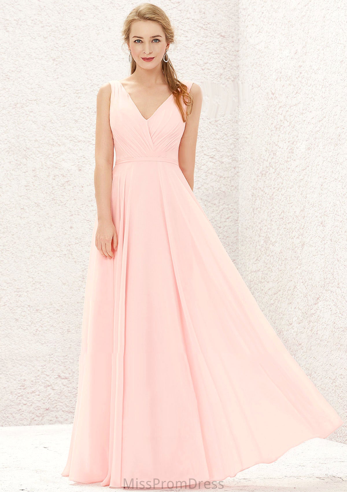 A-line V Neck Sleeveless Chiffon Long/Floor-Length Bridesmaid Dresses With Pleated Leslie HMP0025637