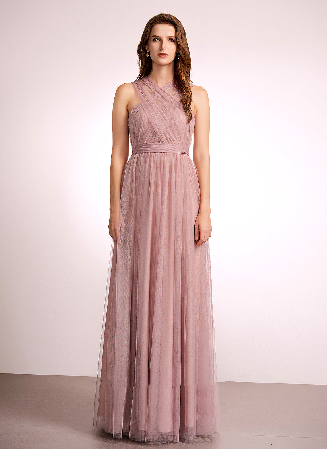 Tulle Straps Length A-Line One-Shoulder Silhouette V-neck Neckline Off-the-Shoulder Floor-Length Fabric Hailey Bridesmaid Dresses