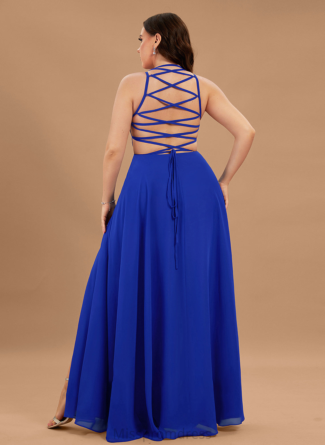 Elianna Scoop Chiffon Front Split With Floor-Length Neck Prom Dresses A-Line