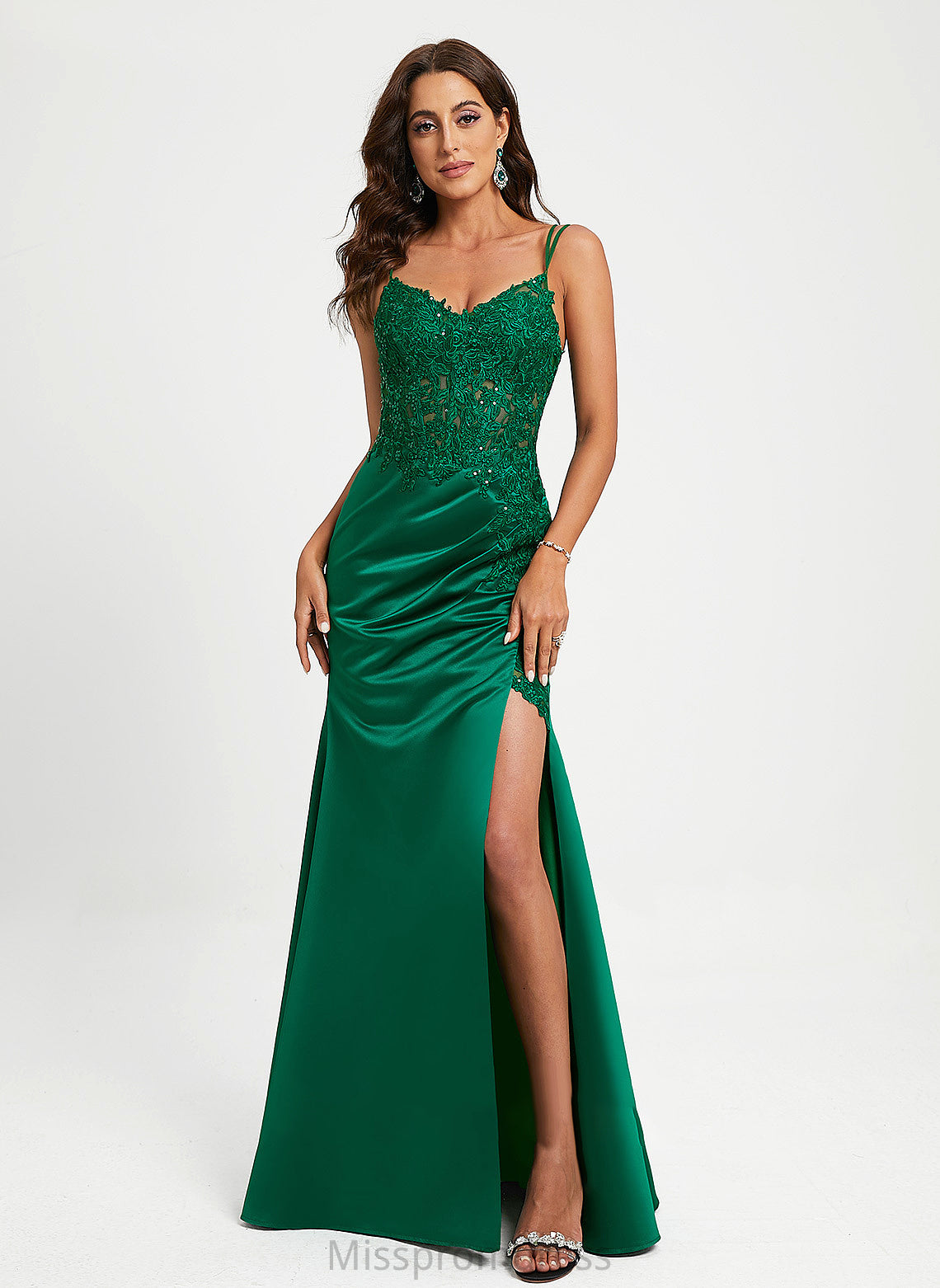 Lace V-neck Sequins With Adrienne Prom Dresses Floor-Length Satin Sheath/Column