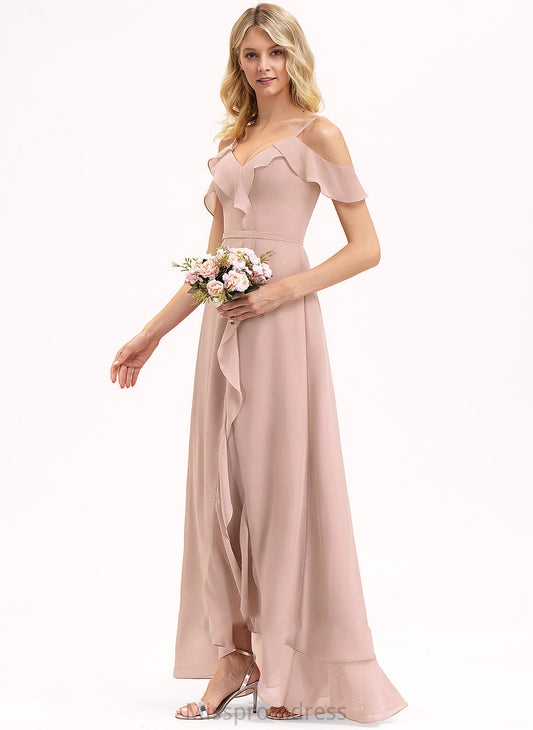 Fabric Length Asymmetrical A-Line V-neck CascadingRuffles Neckline Embellishment Silhouette Jo Natural Waist Sleeveless Bridesmaid Dresses