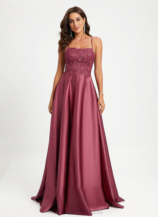 Square Neckline Jacqueline A-Line Prom Dresses Sweep Sequins With Train Beading Satin