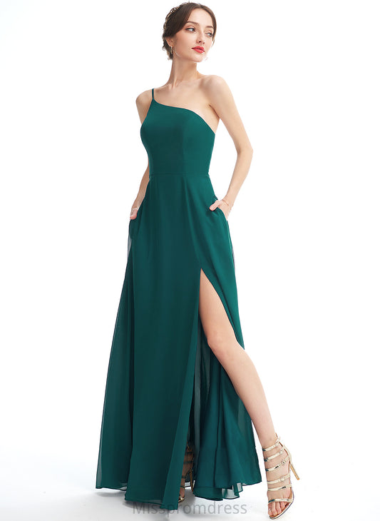 Length Silhouette One-Shoulder SplitFront Fabric Pockets A-Line Floor-Length Embellishment Neckline Estrella Sleeveless Bridesmaid Dresses