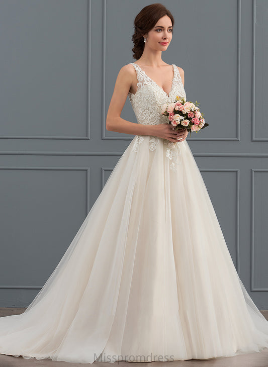 Train Dress V-neck Court Wedding Dresses Ball-Gown/Princess Tulle Wedding Caitlyn