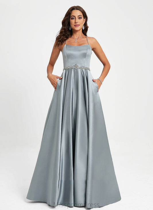 Satin Prom Dresses Beading Scoop Kailyn A-Line With Neck Floor-Length